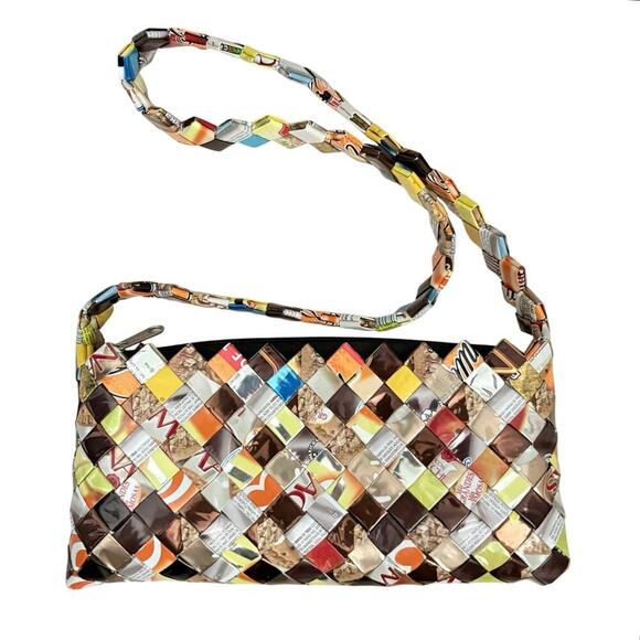Upcycled Candy Wrapper Woven Crossbody Shoulder Bag Multicolor Eco Friendly Fall - Picture 1 of 7